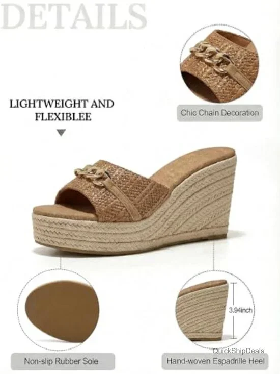 Raffia Wedge Espadrilles Sandals with Chain Detail Slip On Slides - Picture 5 of 7